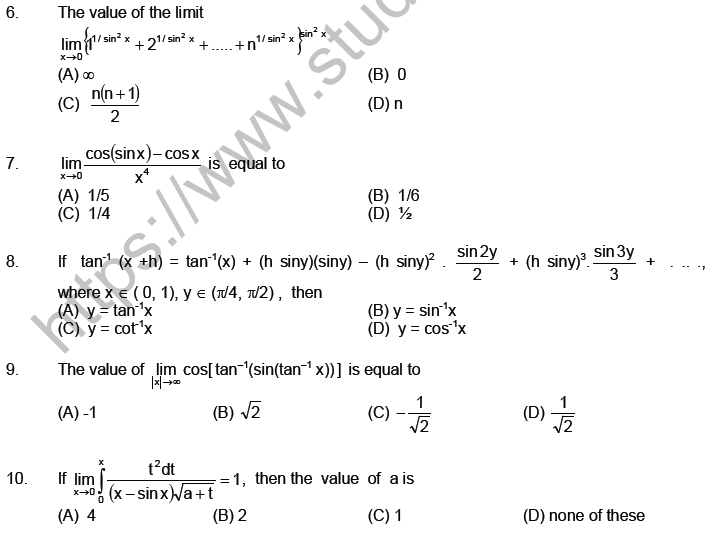 JEE Mathematics Limits Continuity and Differentiability MCQs Set A